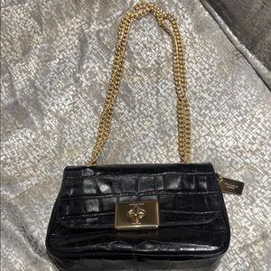 Coach Black Croc-Embossed Shoulder Bag with Gold Chain